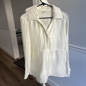 J. Jill Sz M Butter Yellow Tunic Shirt Pop Over Shimmer Tencel Collar Ivory Prep